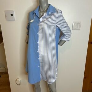 Elegant Blue and White Striped Midi shirt Dress❤️M